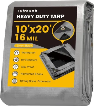 Tarp Waterproof 10x20 Feet, 16 Mil Heavy Duty Thick Tarp, UV Resistant, Rip and Tear Proof, Large Tarp with Reinforced Edges for Roof, Camping, Patio, Pool, Boat (Silver/Black)