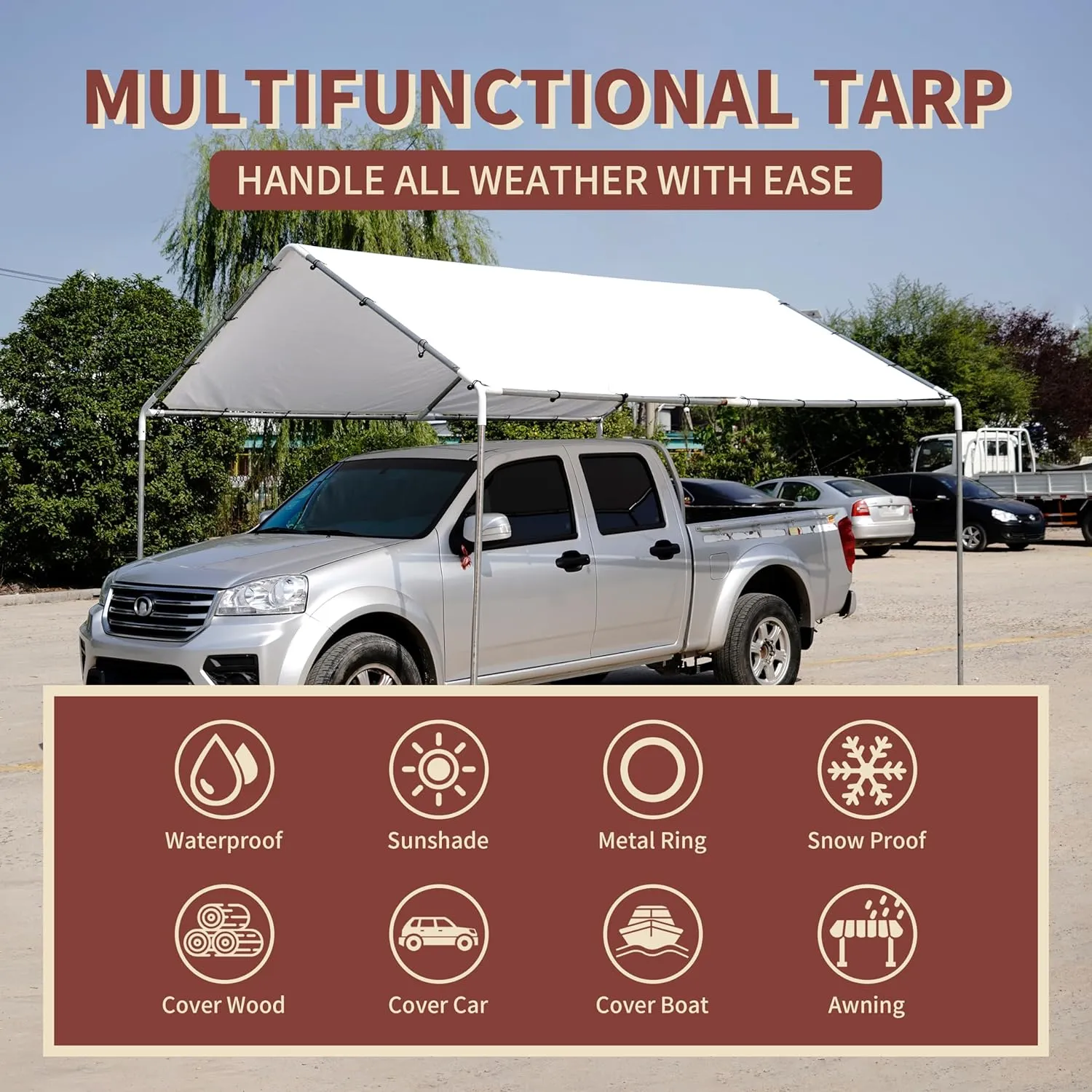 TARPAL 12'x12' White Tarp Waterproof 7.5 mil Medium Duty All Purpose Poly Tarps Cover Waterproof,Snow Proof UV Protection,Rip and Tear Proof,Poly Tarpaulin