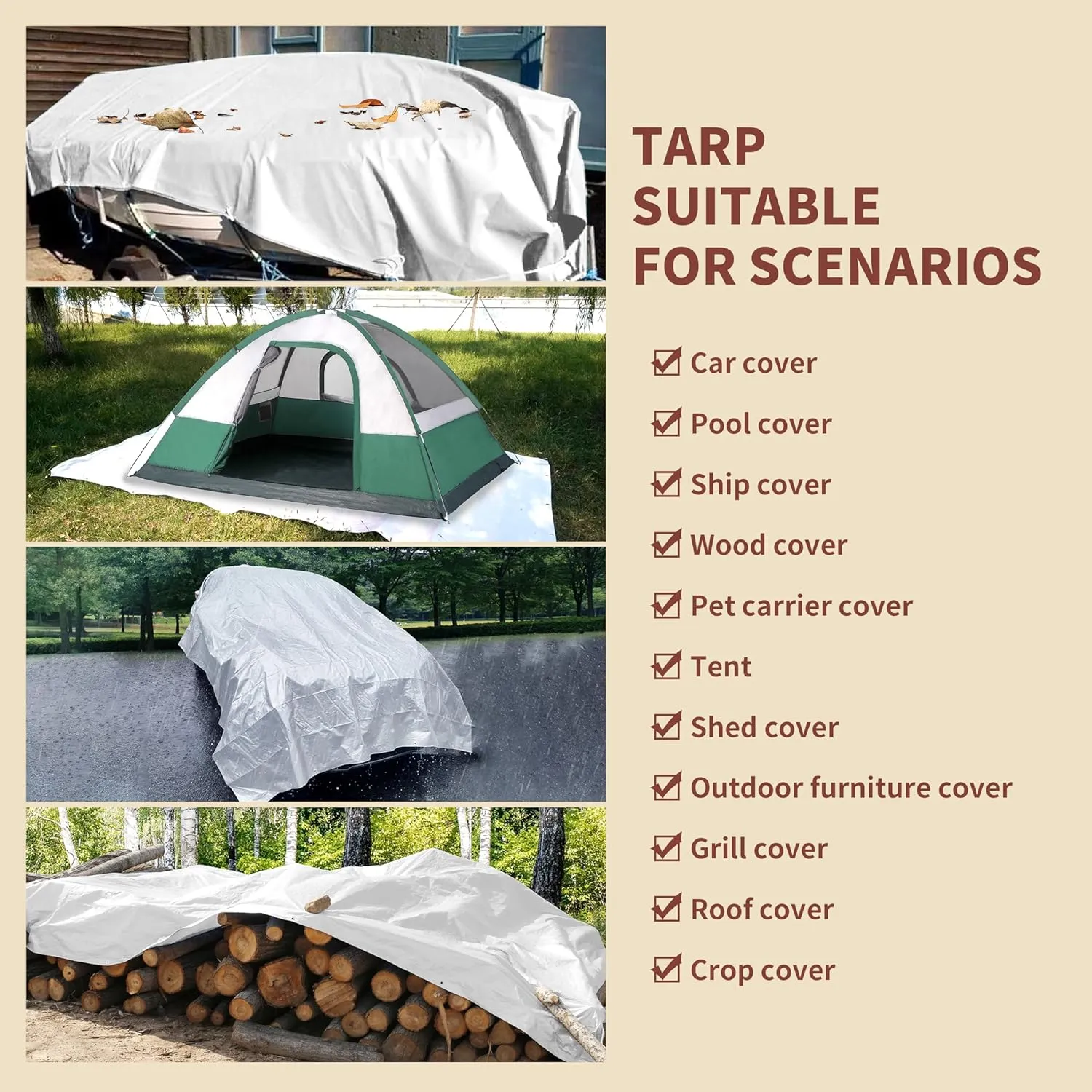 TARPAL 12'x12' White Tarp Waterproof 7.5 mil Medium Duty All Purpose Poly Tarps Cover Waterproof,Snow Proof UV Protection,Rip and Tear Proof,Poly Tarpaulin