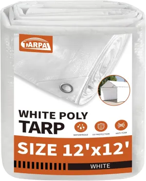 TARPAL 12'x12' White Tarp Waterproof 7.5 mil Medium Duty All Purpose Poly Tarps Cover Waterproof,Snow Proof UV Protection,Rip and Tear Proof,Poly Tarpaulin