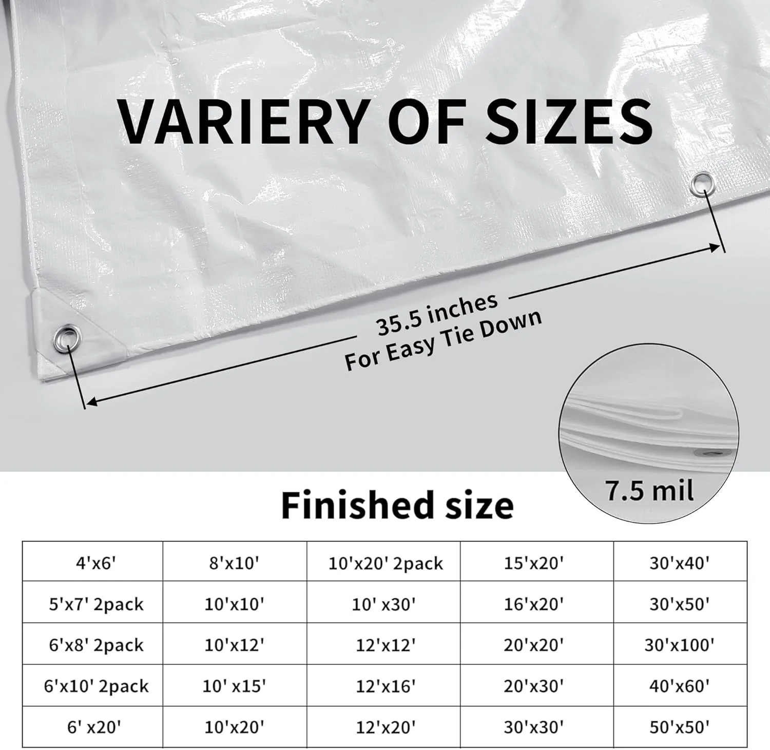 TARPAL 12'x12' White Tarp Waterproof 7.5 mil Medium Duty All Purpose Poly Tarps Cover Waterproof,Snow Proof UV Protection,Rip and Tear Proof,Poly Tarpaulin