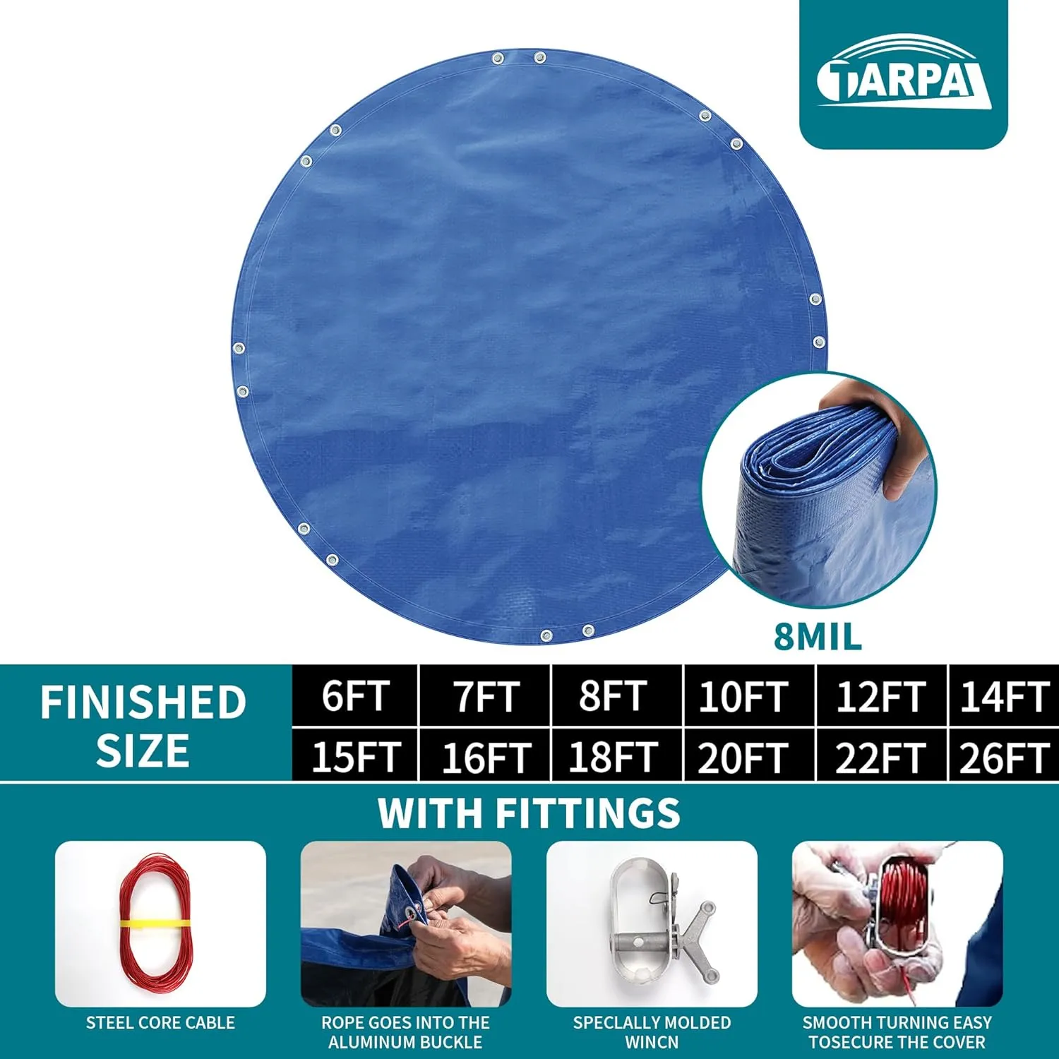 TARPAL 26ft Round tarp Waterproof 8mil Poly Tarps Pool Cover Multifunctional Tarpaulin Pool Covers for Above Ground Pools Dust and UV Resistance .（Blue/Black）
