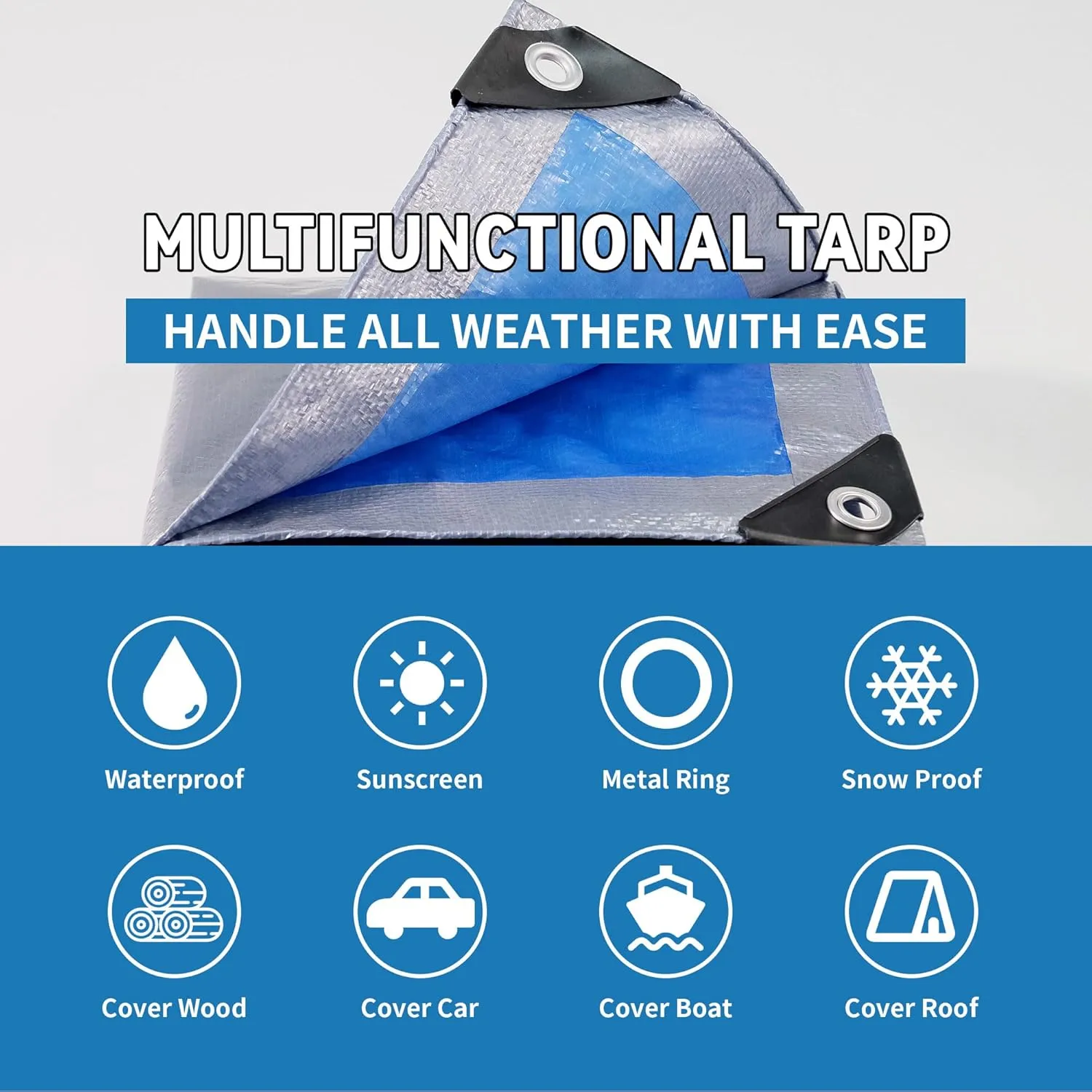 TARPAL Tarp 8x10 Feet Tarp Waterproof Small tarp 7.5mil Waterproof tarps for Outdoors,UV Protection,Rip and Tear Proof,Poly Tarpaulin(Silver/Blue)