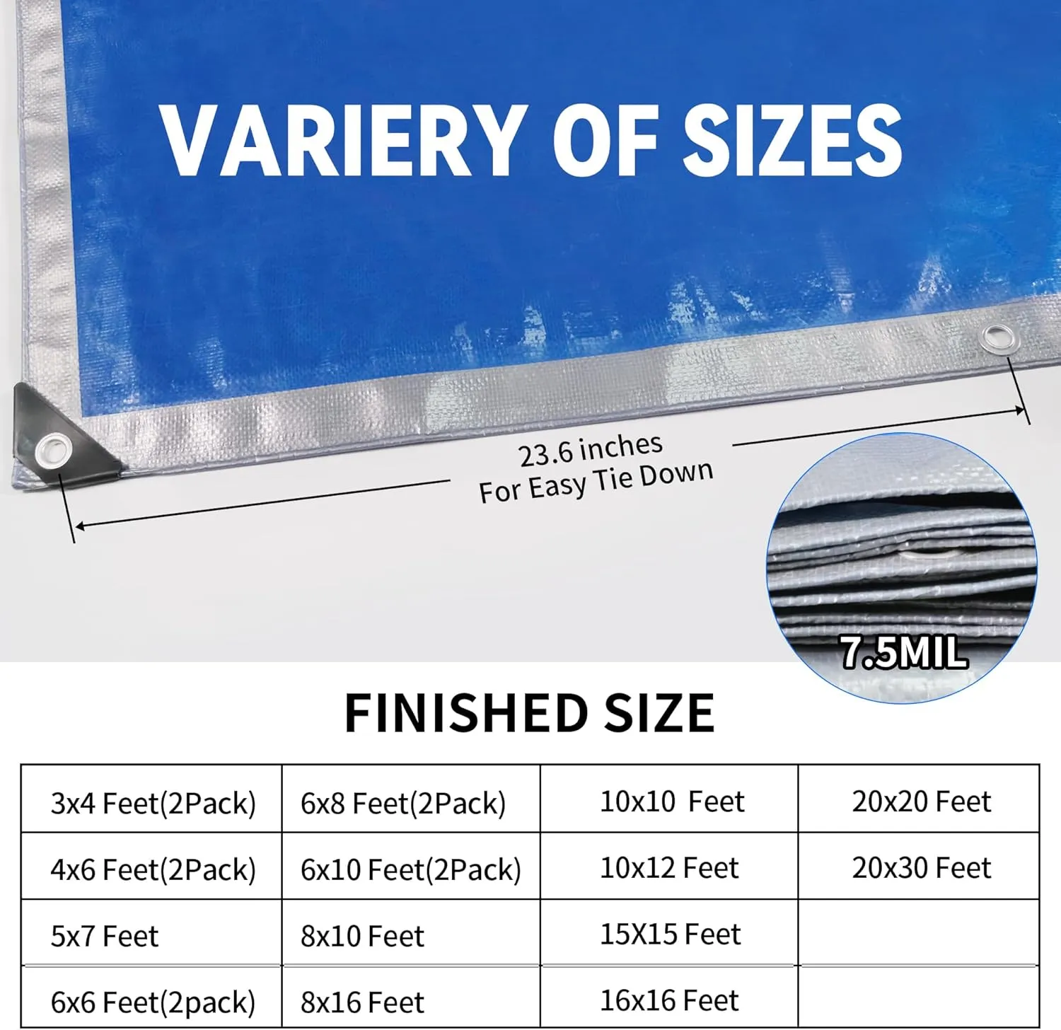 TARPAL Tarp 8x10 Feet Tarp Waterproof Small tarp 7.5mil Waterproof tarps for Outdoors,UV Protection,Rip and Tear Proof,Poly Tarpaulin(Silver/Blue)