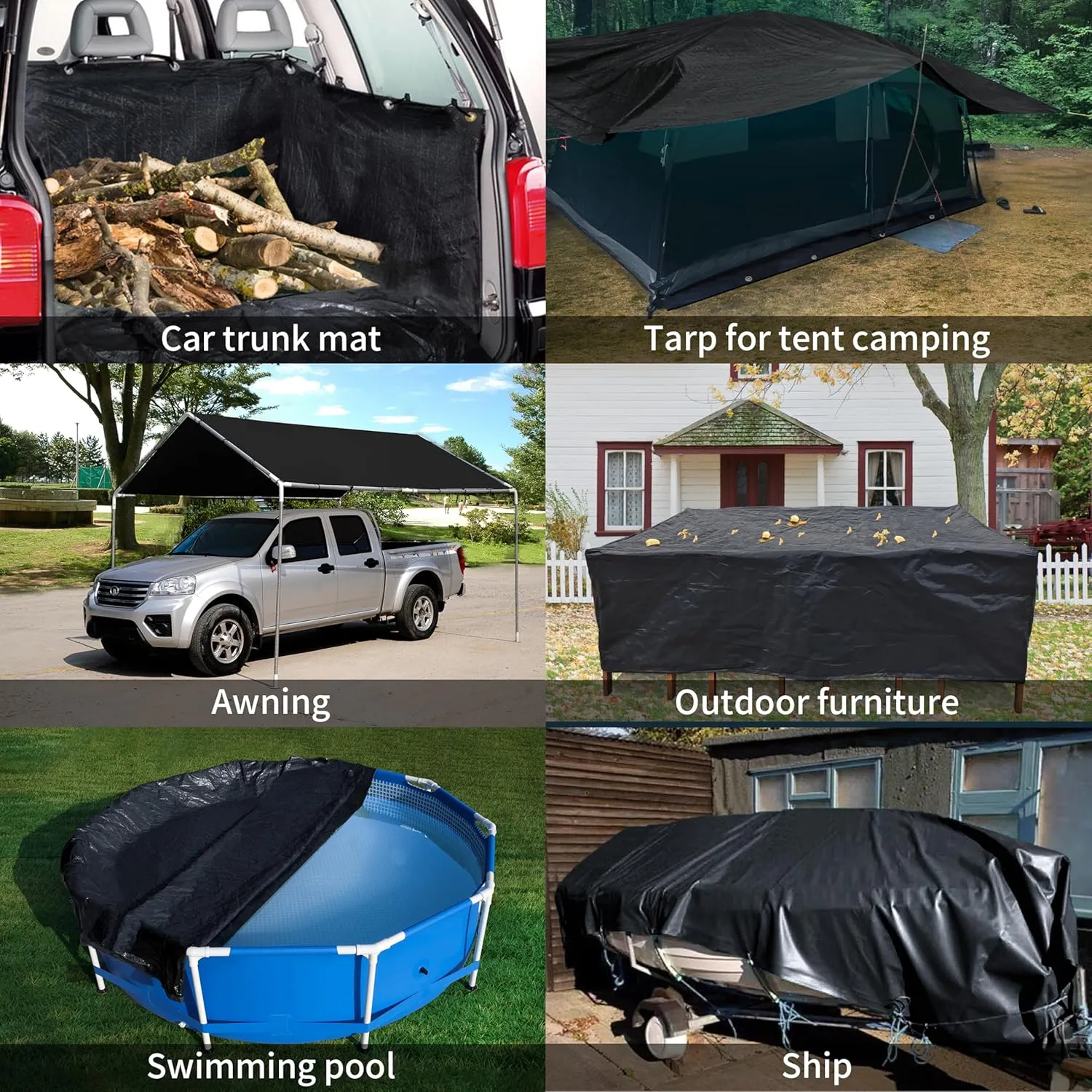 TARPAL Waterproof tarp 8x10 Black Heavy Duty tarp 14mil polyethylene tarps Multifunctional Tarpaulin，Snow or UV Protection,Suitable for Outdoor Furniture, awnings,Roofs,Tents tarp Cover