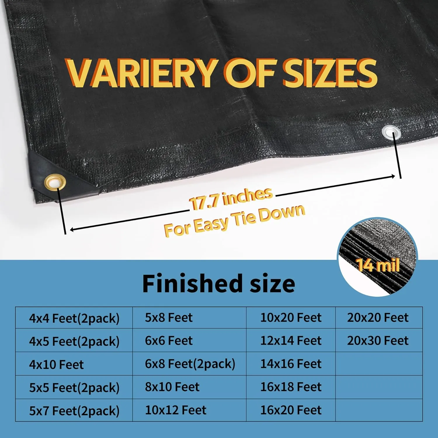 TARPAL Waterproof tarp 8x10 Black Heavy Duty tarp 14mil polyethylene tarps Multifunctional Tarpaulin，Snow or UV Protection,Suitable for Outdoor Furniture, awnings,Roofs,Tents tarp Cover