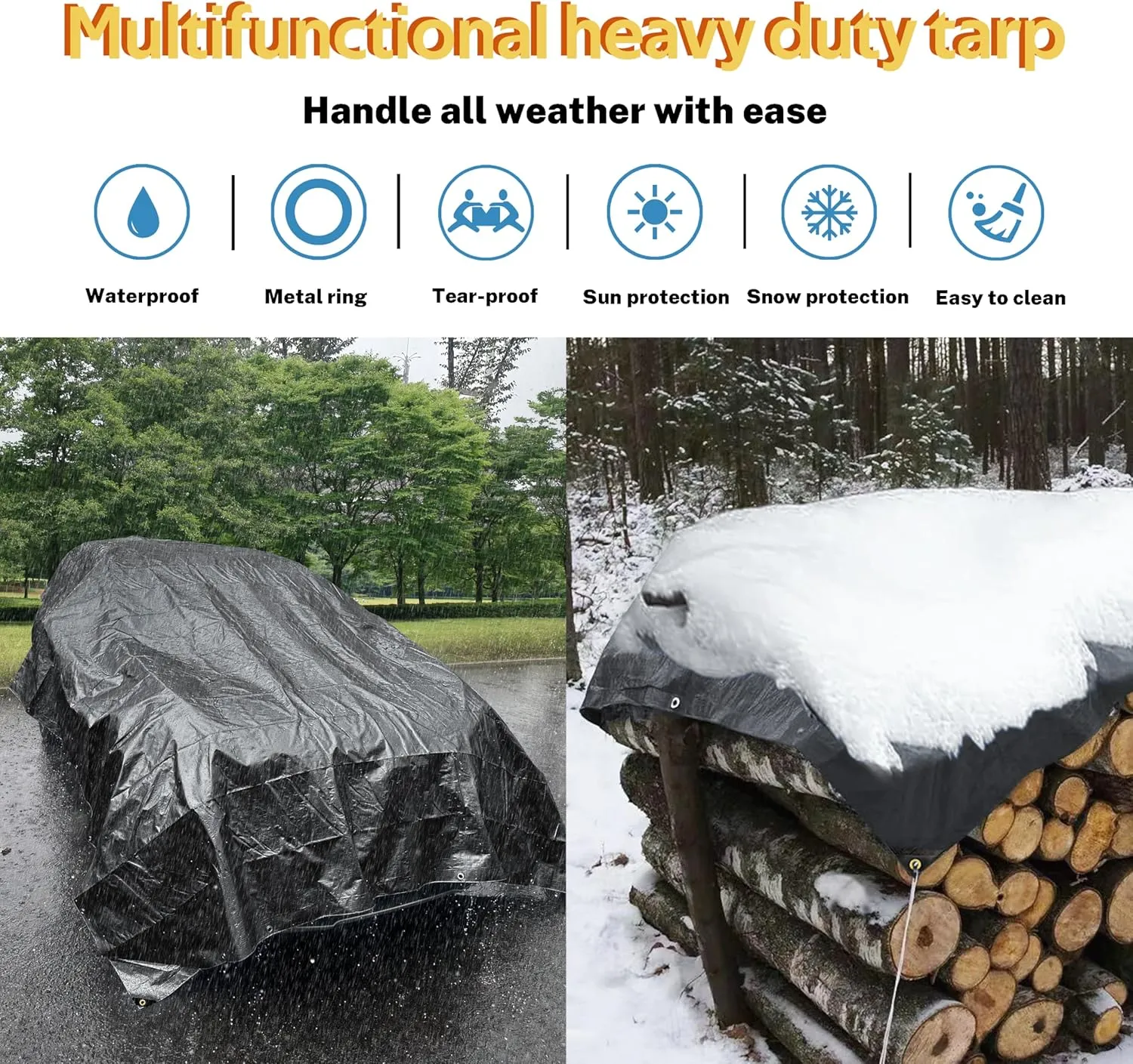 TARPAL Waterproof tarp 8x10 Black Heavy Duty tarp 14mil polyethylene tarps Multifunctional Tarpaulin，Snow or UV Protection,Suitable for Outdoor Furniture, awnings,Roofs,Tents tarp Cover