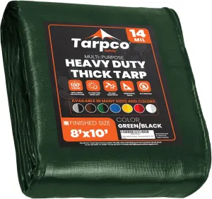Tarpco Safety Extra Heavy Duty 14 Mil Tarp Cover, Waterproof, UV Resistant, Rip and Tear Proof, Poly Tarpaulin with Reinforced Edges for Roof, Camping, Patio, Pool, Boat (Green/Black 8′ X 10′)