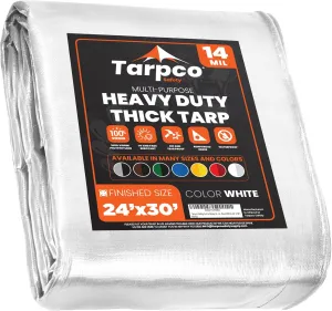 Tarpco Safety Extra Heavy Duty 14 Mil Tarp Cover, Waterproof, UV Resistant, Rip and Tear Proof, Poly Tarpaulin with Reinforced Edges for Roof, Camping, Patio, Pool, Boat (White 24′ X 30′)