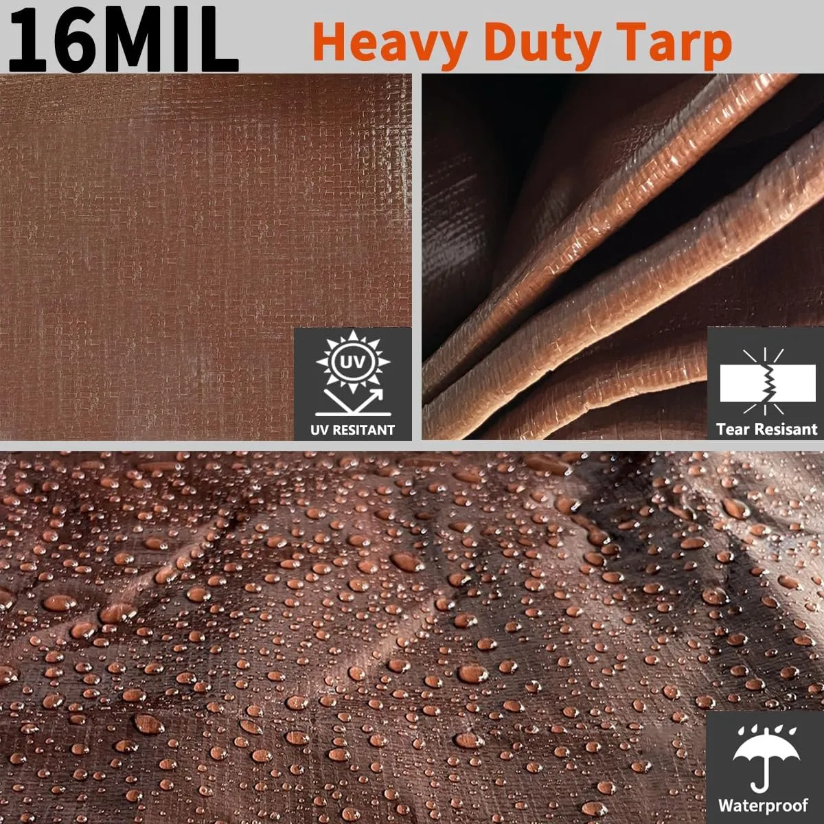 Tarps Heavy Duty Waterproof 10x12ft, 16Mil Poly Tarps with Grommets, UV Resistant, Brown Multipurpose Tarpaulin with Reinforced Edges, Camping, Outdoor Coverings