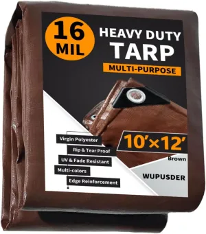 Tarps Heavy Duty Waterproof 10x12ft, 16Mil Poly Tarps with Grommets, UV Resistant, Brown Multipurpose Tarpaulin with Reinforced Edges, Camping, Outdoor Coverings