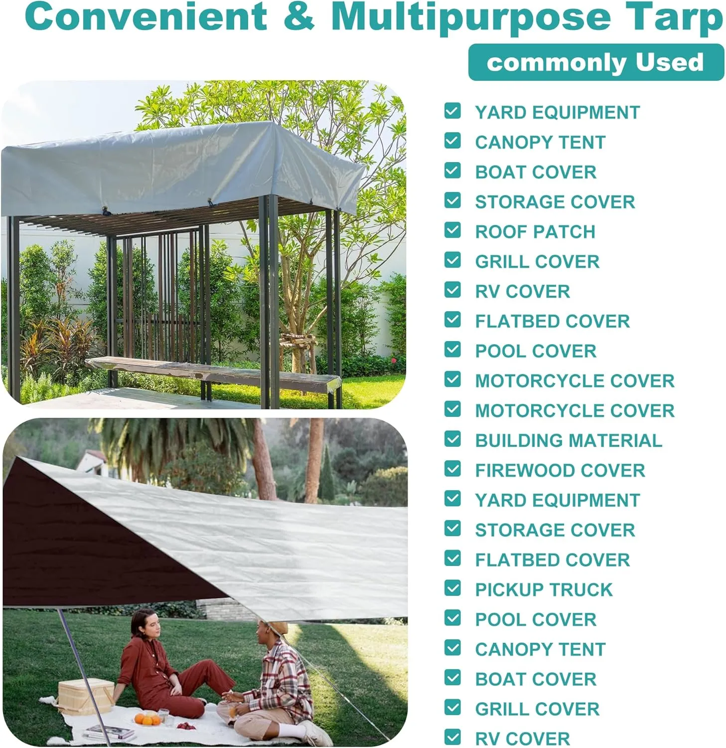 Tarps Heavy Duty Waterproof 16 X 20 Feet,12 MIL Thick Poly Tarp Cover and UV Resistant,Outdoor Tarps with Grommets and Reinforced Edges for Tent,Roof,Camping,Patio,Pool Boat (Silver/Brown)
