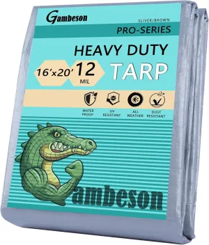 Tarps Heavy Duty Waterproof 16 X 20 Feet,12 MIL Thick Poly Tarp Cover and UV Resistant,Outdoor Tarps with Grommets and Reinforced Edges for Tent,Roof,Camping,Patio,Pool Boat (Silver/Brown)