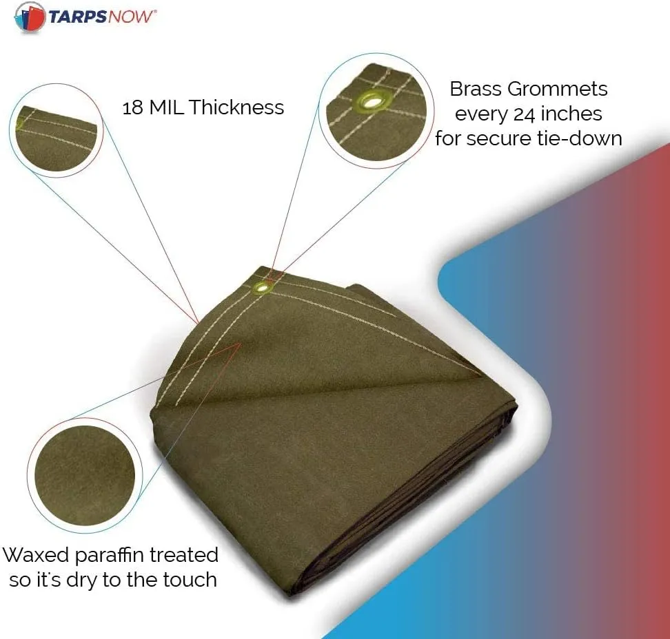 Tarps Now 10x12 ft Heavy Duty Canvas Tarp| 18 MIL Industrial Grade Fabric, Tear Resistance, Reinforced Edges, Brass Grommets | Ideal for Construction, Trucking, Manufacturing, Automotive –Olive Color