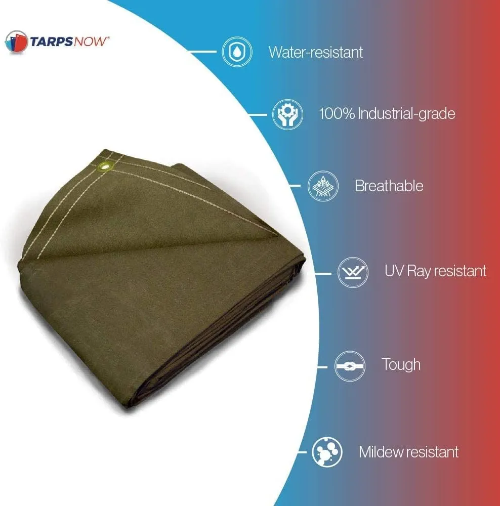Tarps Now 10x12 ft Heavy Duty Canvas Tarp| 18 MIL Industrial Grade Fabric, Tear Resistance, Reinforced Edges, Brass Grommets | Ideal for Construction, Trucking, Manufacturing, Automotive –Olive Color