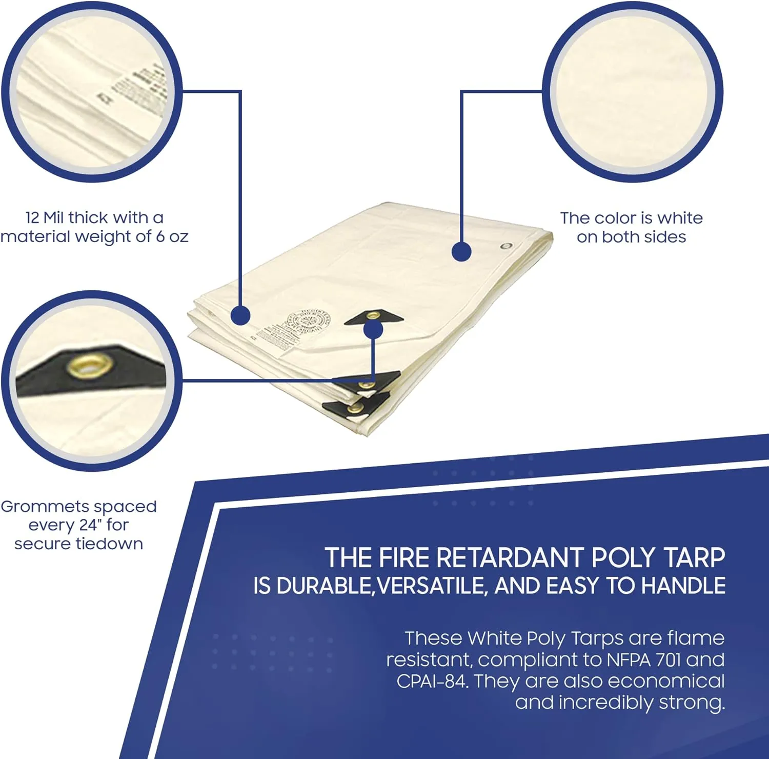 Tarps Now 10x30 Feet Fire Retardant Poly Tarp |12 MIL Heavy Duty Waterproof Cover |Rip and Tear Proof Plastic Tarp with Rustproof Aluminum Grommets & Reinforced Edges |Ideal for Camping - White