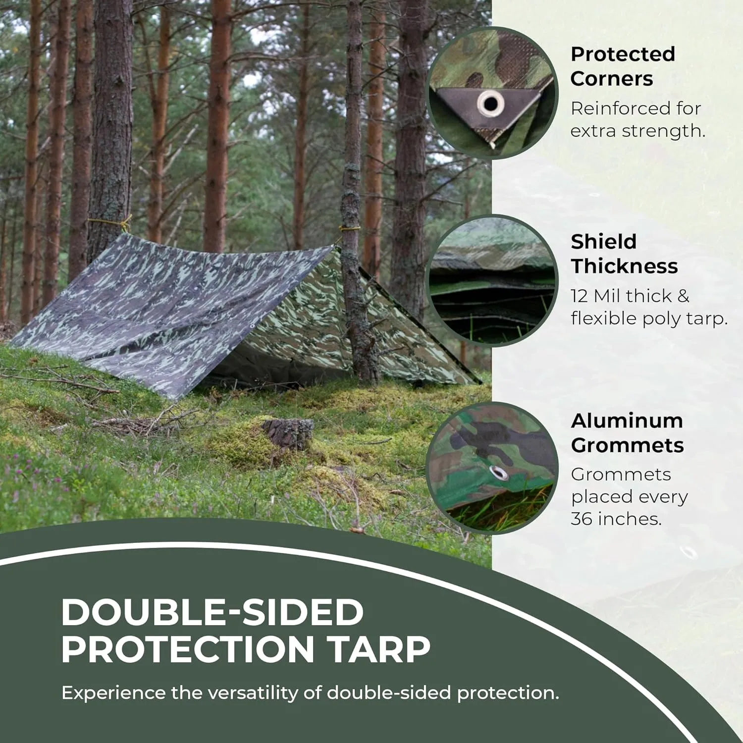 Tarps Now Camouflage Plastic Tarp (Poly Tarp) 30x30 ft - 8 MIL Heavy Duty Waterproof Cover | Tear-Resistant with Rustproof Grommets & Reinforced Edges | Ideal for Camping, Landscaping - Woodland Camo