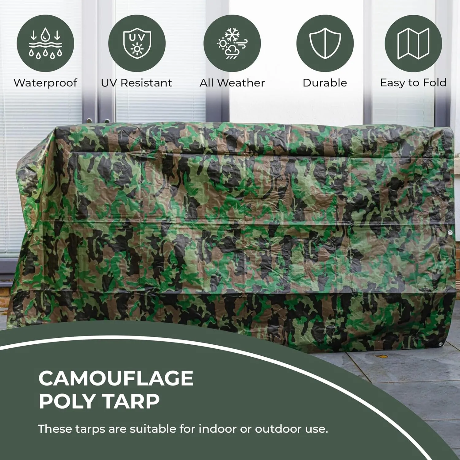 Tarps Now Camouflage Plastic Tarp (Poly Tarp) 30x30 ft - 8 MIL Heavy Duty Waterproof Cover | Tear-Resistant with Rustproof Grommets & Reinforced Edges | Ideal for Camping, Landscaping - Woodland Camo