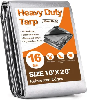 Tarps Waterproof 10' X 20' Heavy Duty Tarp 16 Mil Thick Large Tarp with Grommets Multipurpose Protective Poly Outdoor for Roof, Camping, Patio, Pool, Boat, Car|Silver/Black