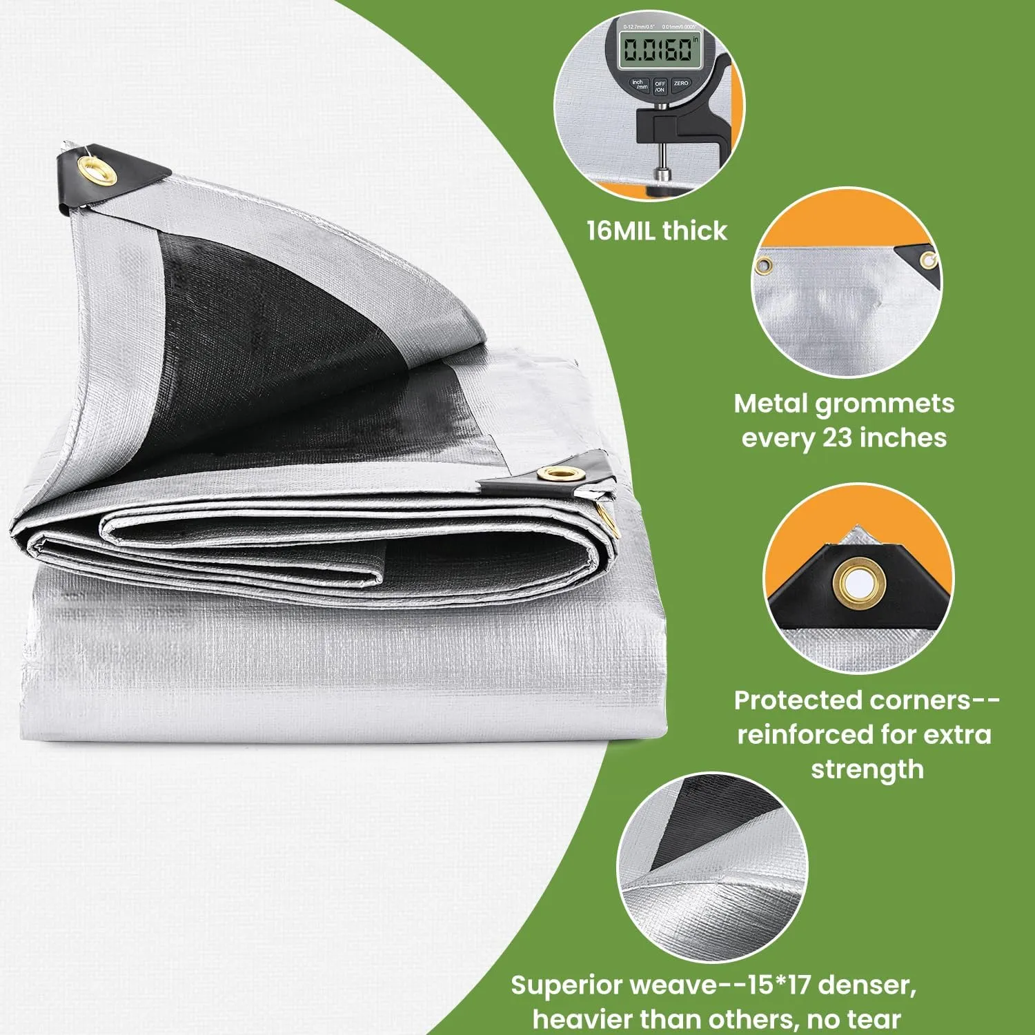 Tarps Waterproof 10' X 20' Heavy Duty Tarp 16 Mil Thick Large Tarp with Grommets Multipurpose Protective Poly Outdoor for Roof, Camping, Patio, Pool, Boat, Car|Silver/Black