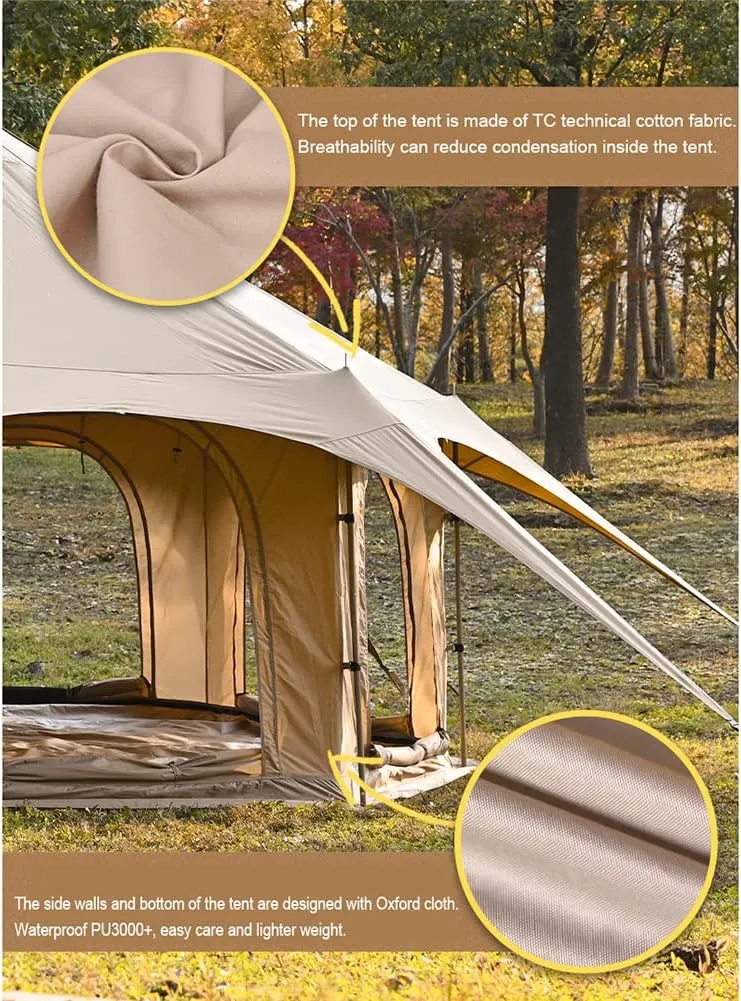 Teepee Camping Tent Cotton Tent Pyramid Yurt Tent Multi-Person Family Glamping Tent Double Layer Large Waterproof Tipi Tents for 8-10 Person, 450X450X280CM, Black