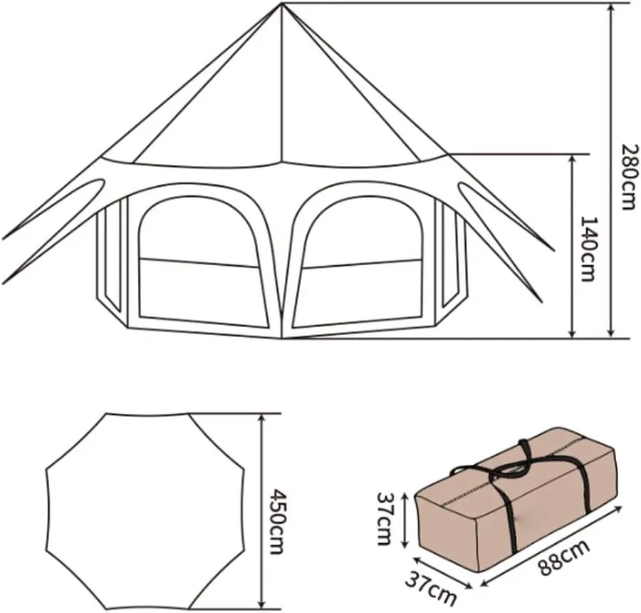 Teepee Camping Tent Cotton Tent Pyramid Yurt Tent Multi-Person Family Glamping Tent Double Layer Large Waterproof Tipi Tents for 8-10 Person, 450X450X280CM, Black