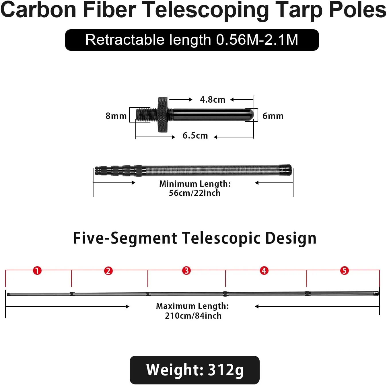 Telescoping Tarp Poles Heavy Duty Adjustable, Carbon Fiber Tent Poles, Portable & Lightweight for Tent Fly, Awning, Outdoor Camping, Hiking 6.9FT