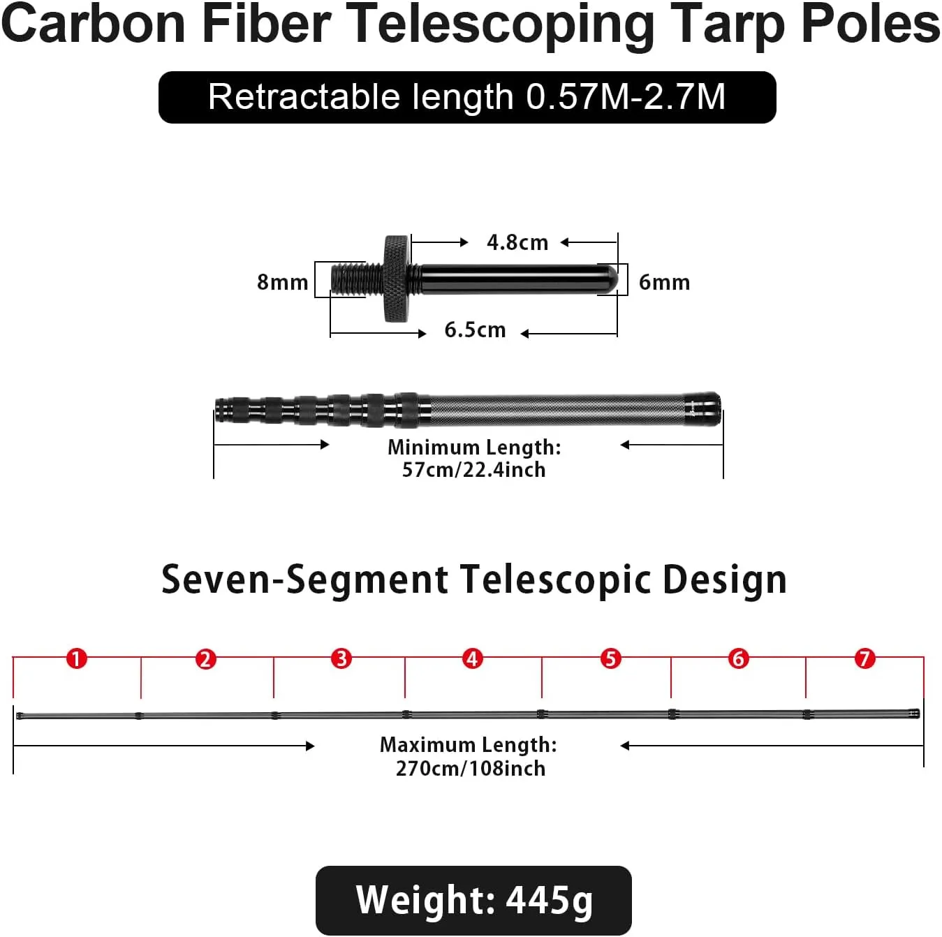 Telescoping Tarp Poles Heavy Duty Adjustable, Carbon Fiber Tent Poles, Portable & Lightweight for Tent Fly, Awning, Outdoor Camping, Hiking 8.9FT