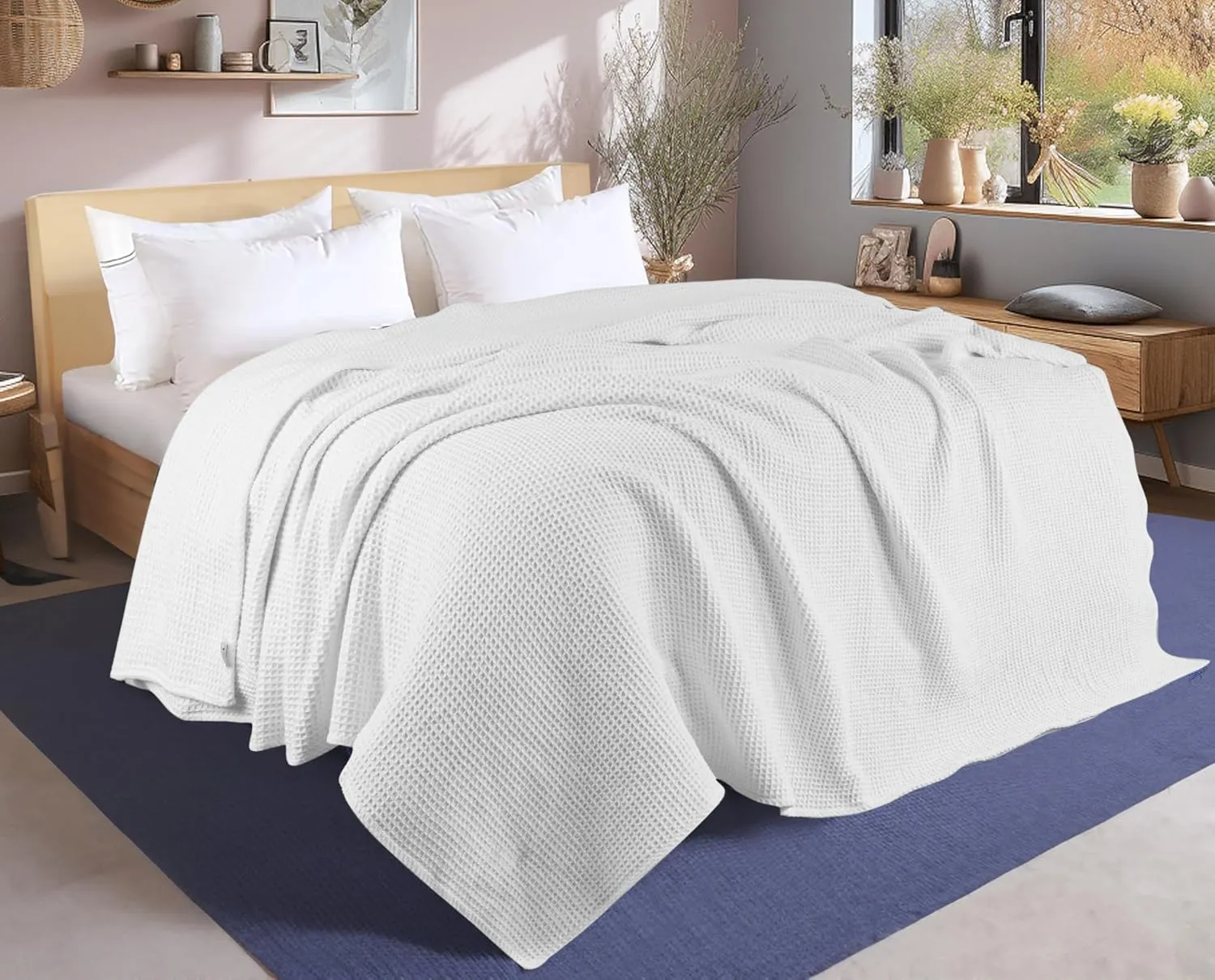 Tex Trend 100% Cotton Blankets King Size – Durable and Versatile Waffle Weave Blanket for Year Round Coziness – Warm & Lightweight - White (90”x108”)