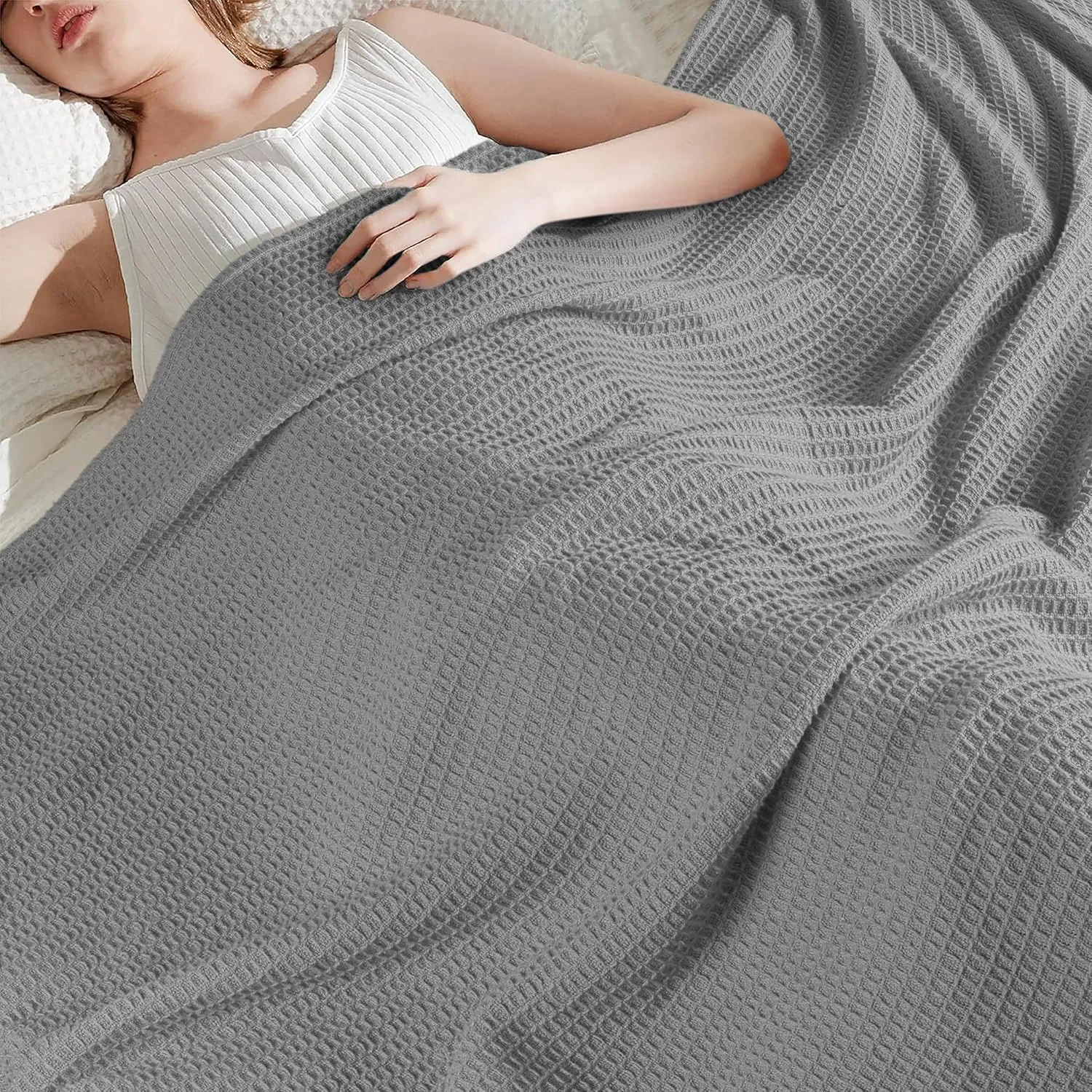 Tex Trend 100% Cotton Blankets King Size – Durable and Versatile Waffle Weave Blankets for Year Round Coziness – Breathable & Lightweight - Light Grey (90”x108”)