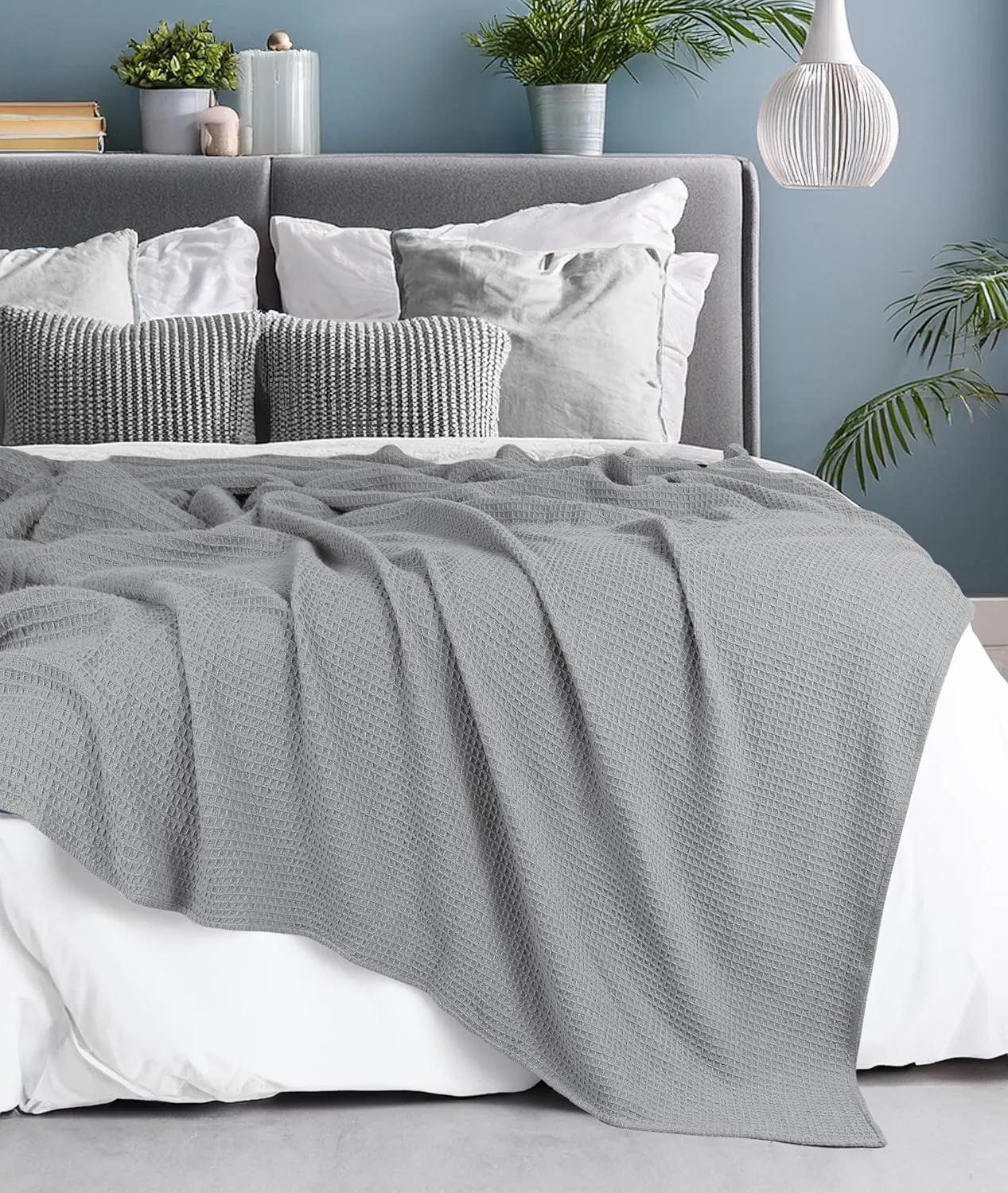 Tex Trend 100% Cotton Blankets King Size – Durable and Versatile Waffle Weave Blankets for Year Round Coziness – Breathable & Lightweight - Light Grey (90”x108”)