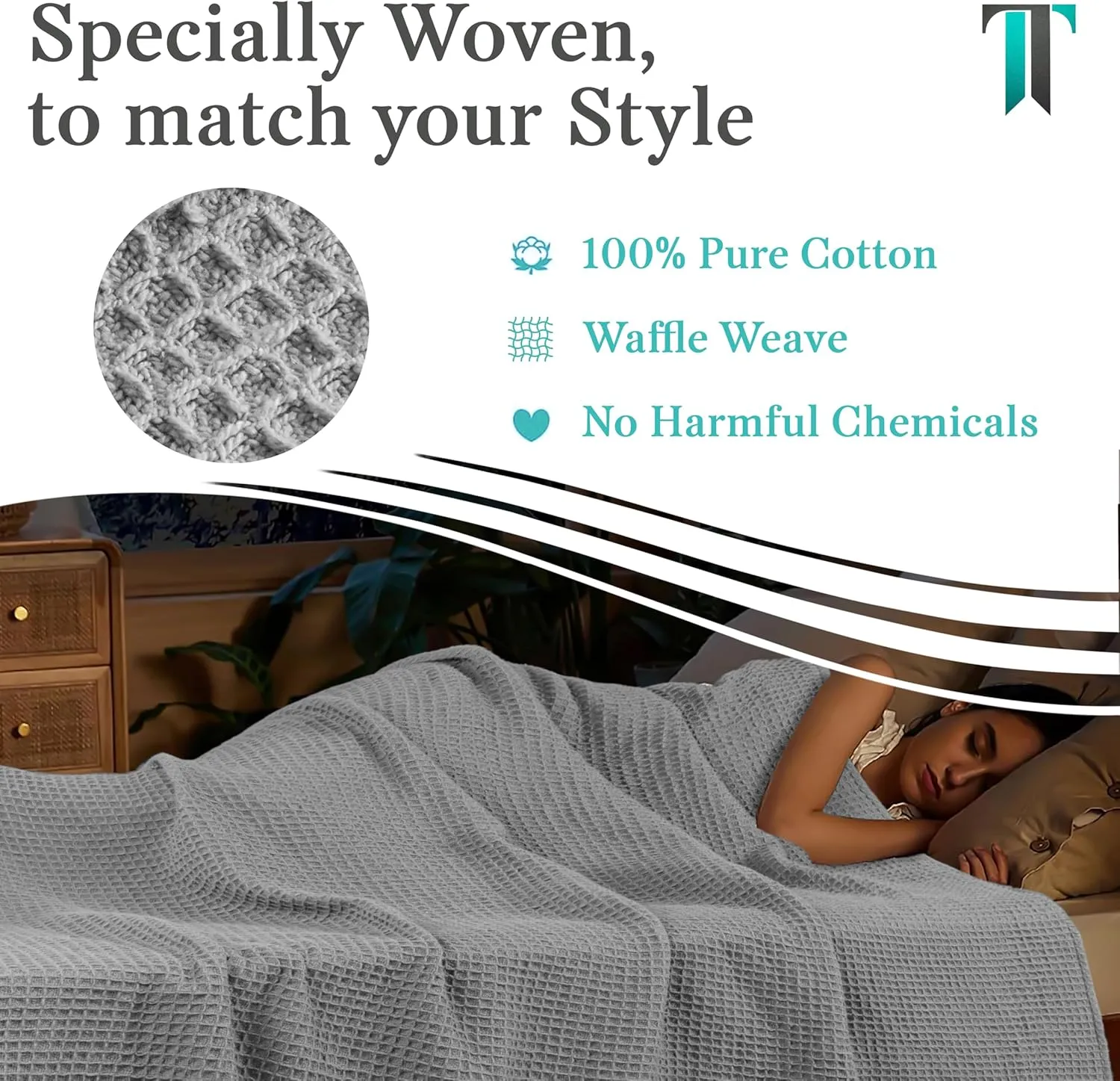 Tex Trend 100% Cotton Blankets King Size – Durable and Versatile Waffle Weave Blankets for Year Round Coziness – Breathable & Lightweight - Light Grey (90”x108”)