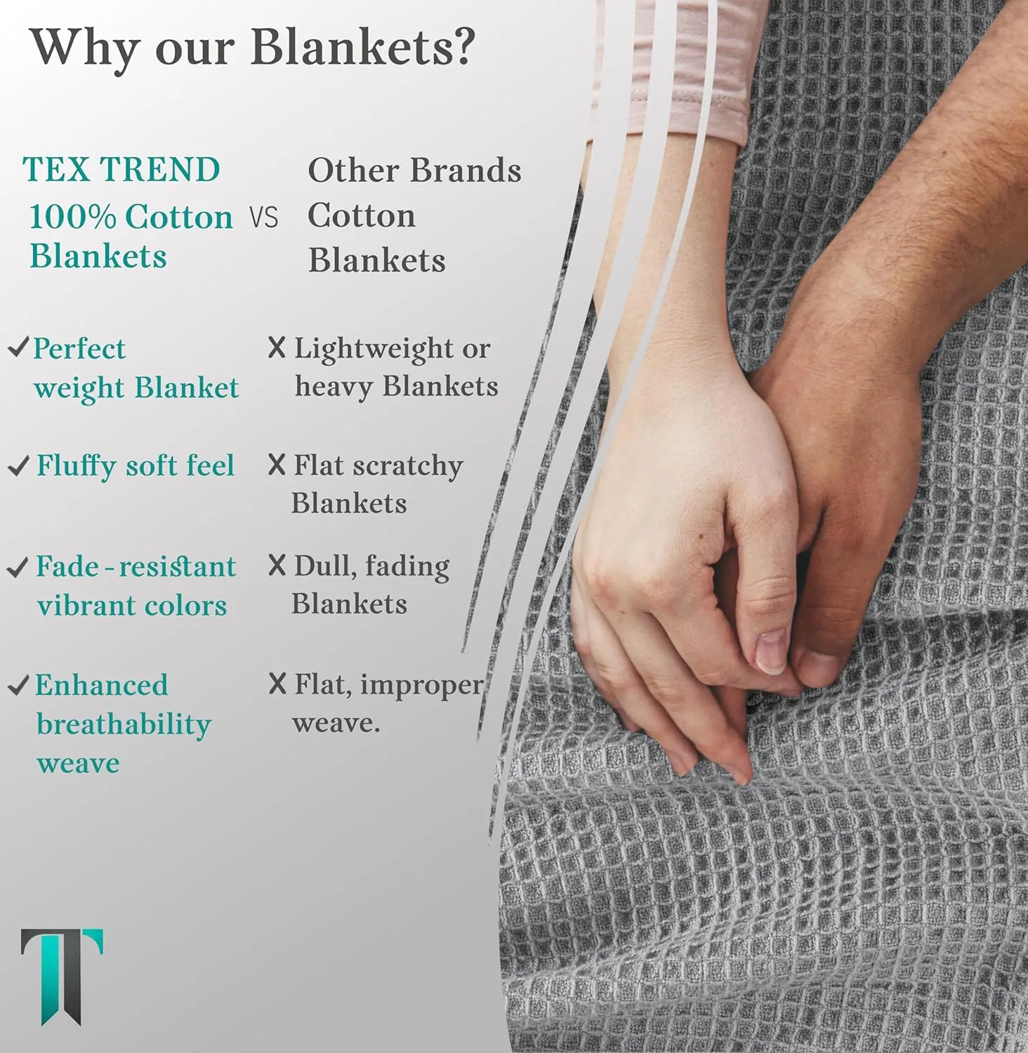 Tex Trend 100% Cotton Blankets King Size – Durable and Versatile Waffle Weave Blankets for Year Round Coziness – Breathable & Lightweight - Light Grey (90”x108”)