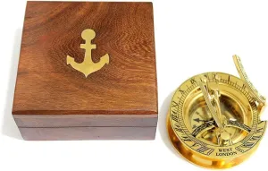 The Vintage Venue 3" Brass Sundial Compass with Teak Wood Box – Vintage Nautical Compass Gift | Solid Brass Inlay | Rustic Home Decor and Collectible Gift Item