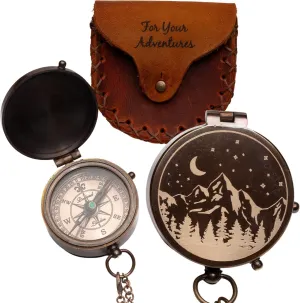 The Vintage Venue Antique Brass Compass with Leather Case – ‘Mountains & Roads’ Engraved | Vintage Pocket Compass for Men with ‘for Your Adventures’ Pouch | Gift for Husband, Father and Son