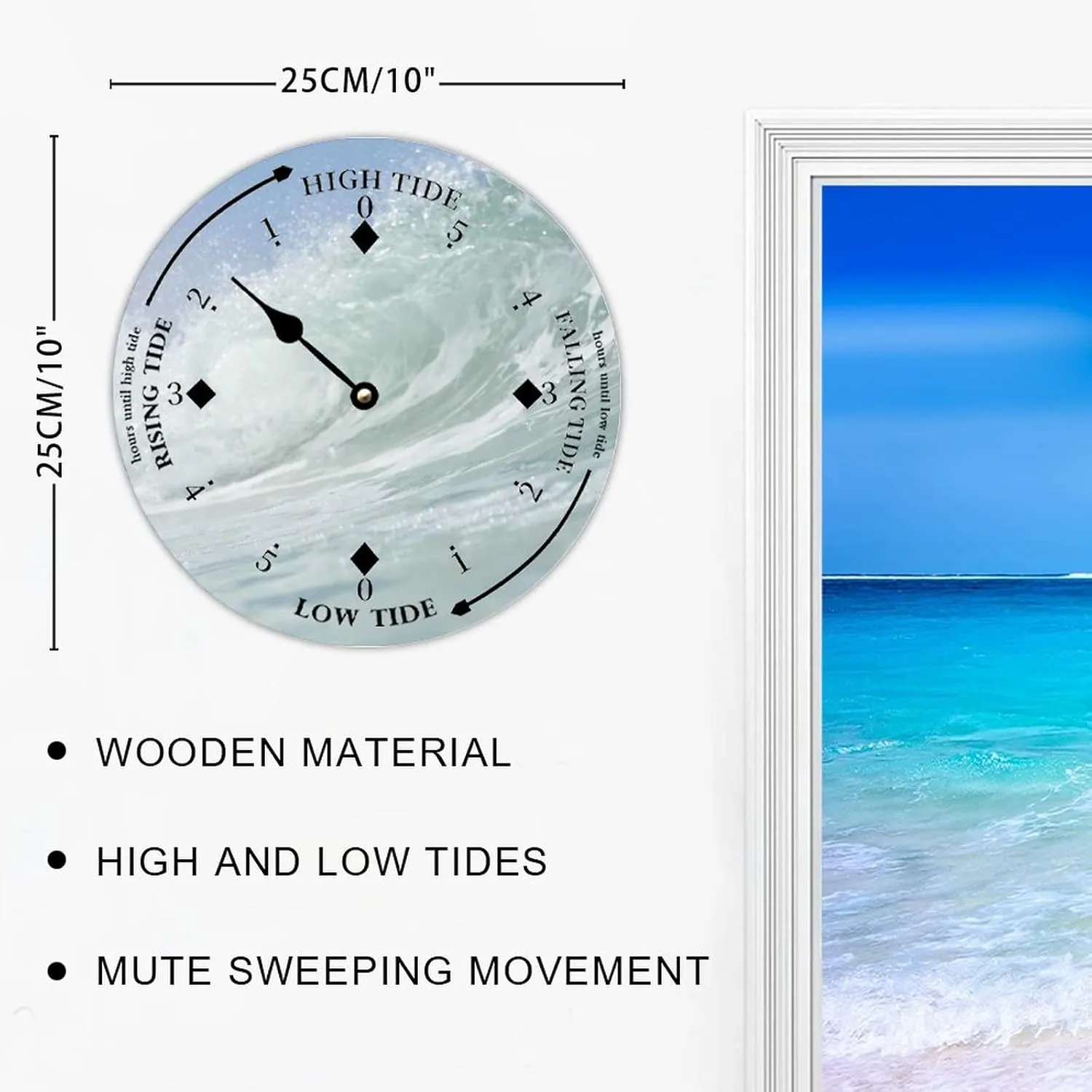 Tide Clock with High and Low Tide White Wave in Sea Wall Wooden Moon Tidal Clock Ocean Time Coastal Clock Nautical Tide Movement Clock for Beach House Deck Board