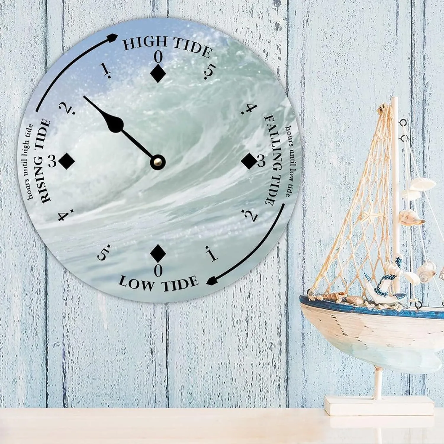 Tide Clock with High and Low Tide White Wave in Sea Wall Wooden Moon Tidal Clock Ocean Time Coastal Clock Nautical Tide Movement Clock for Beach House Deck Board