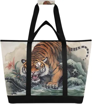 Tiger Reusable Insulated Lunchbox Cooler Bag, Leakproof Kitchen Grocery Bag Collapsible Portable Cooler Tote Bag for Picnic, Camping, Office, Travel