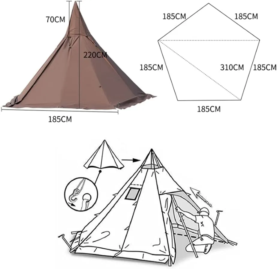 Tipi Hot Tents Outdoor Tents Teepee with Stove Hole Waterproof Family Pyramid Tent Camping Backpacking Hiking Mountaineering Heated Shelter (Brown 310