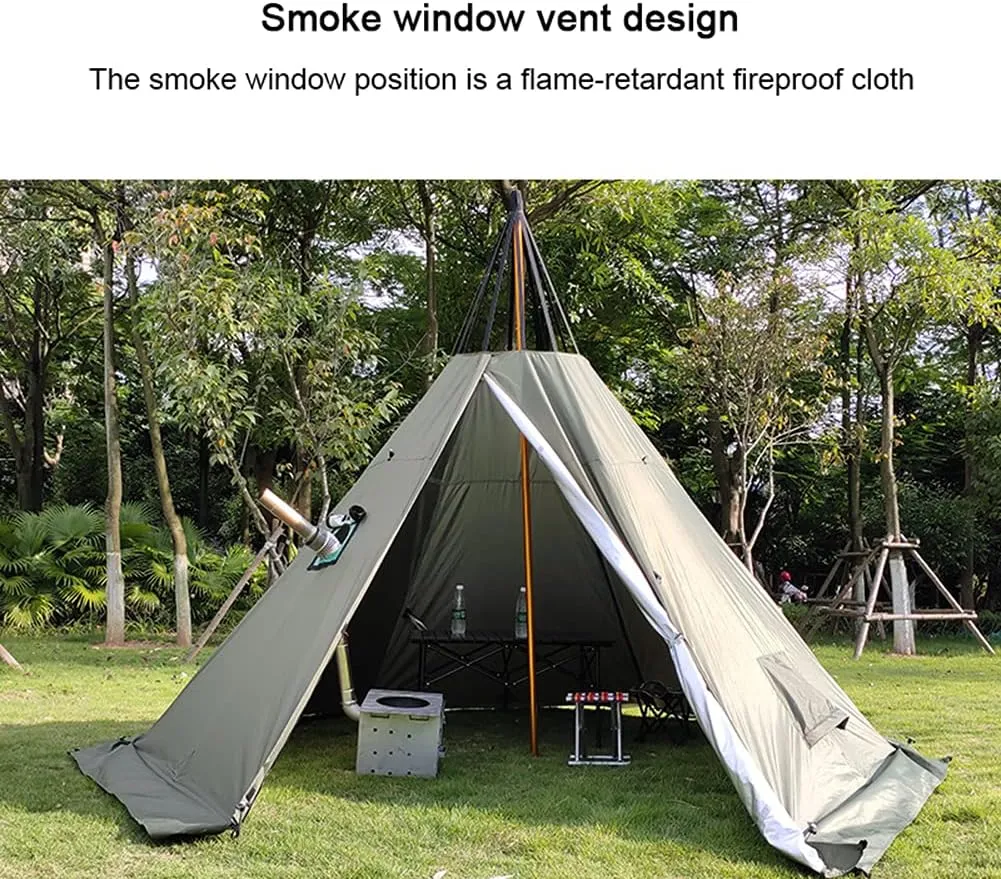 Tipi Hot Tents Outdoor Tents Teepee with Stove Hole Waterproof Family Pyramid Tent Camping Backpacking Hiking Mountaineering Heated Shelter (Brown 310