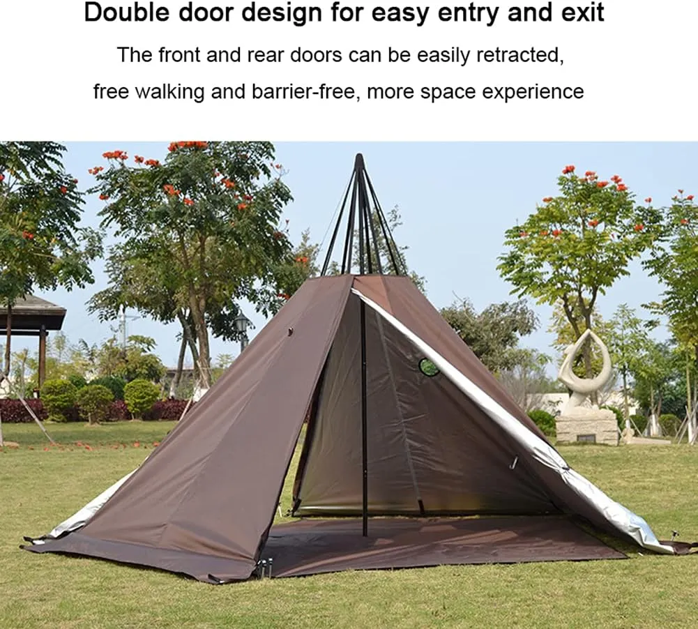 Tipi Hot Tents Outdoor Tents Teepee with Stove Hole Waterproof Family Pyramid Tent Camping Backpacking Hiking Mountaineering Heated Shelter (Brown 310