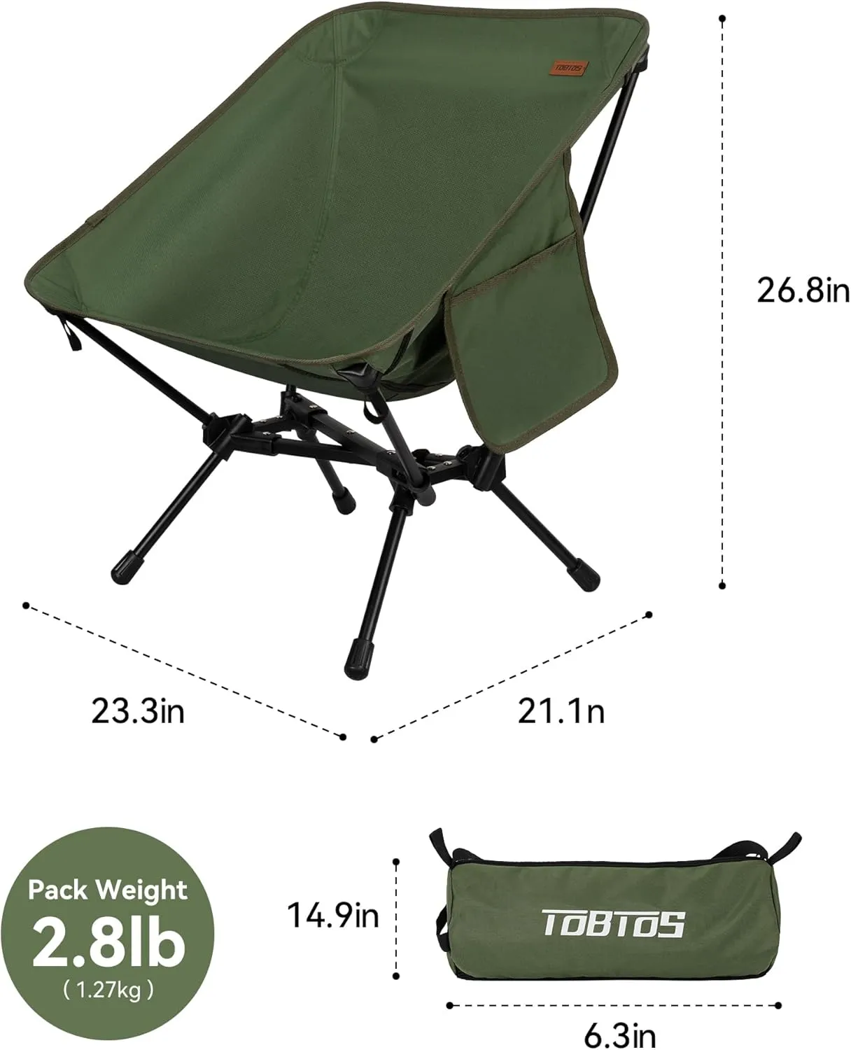 TOBTOS 2 Pack Ultralight Camping Chair, Portable Folding Backpacking Chair, Compact Camping Chair with Carry Bag for Outdoor Camp Hiking Backpack Beach Travel (Green)