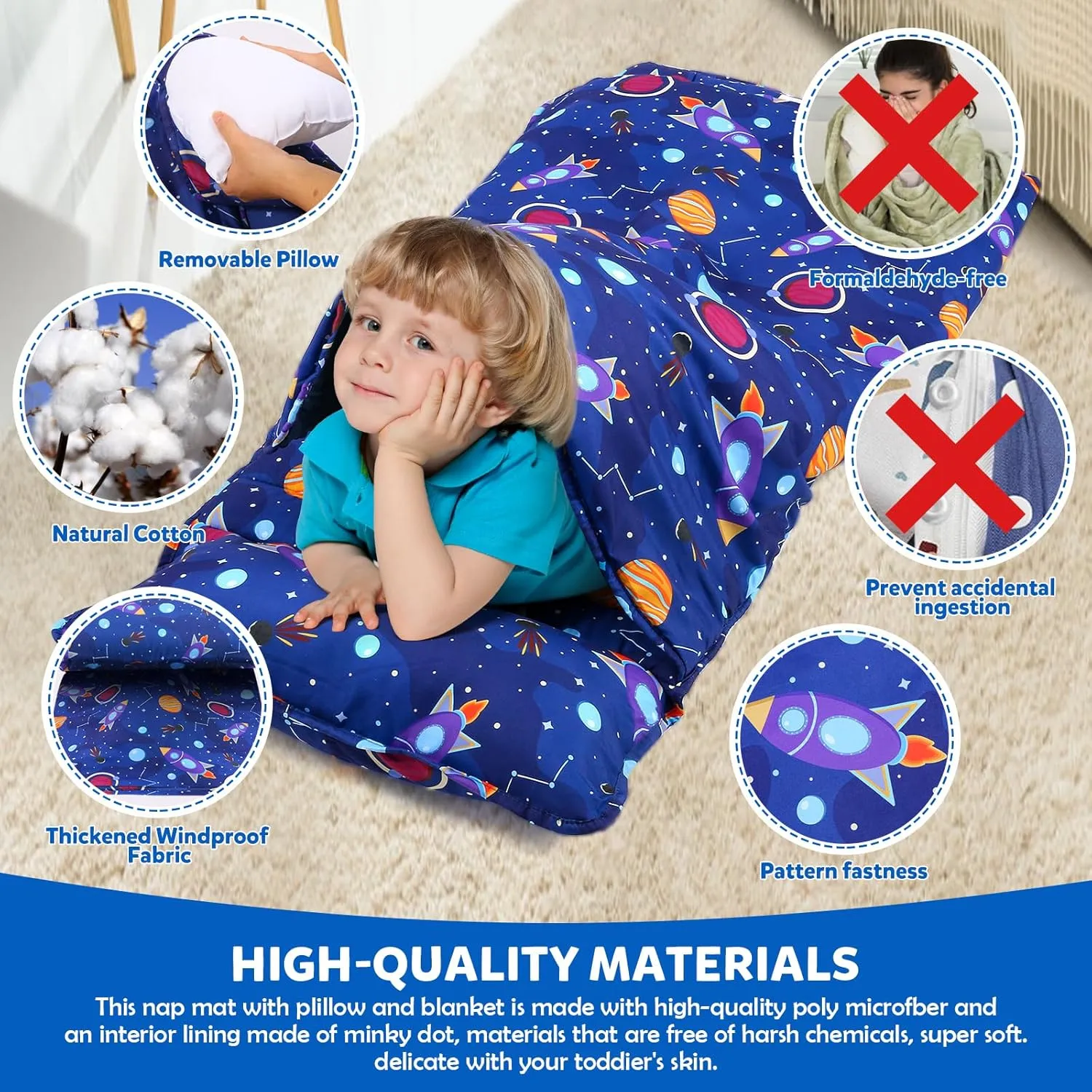 Toddler Nap Mat with Removable Pillow and Blanket, Sleeping Bag for Kids, Lightweight and Soft Slumber Bags for Preschool, Sleeping Mats for Daycare Sweat Absorbing and Breathable