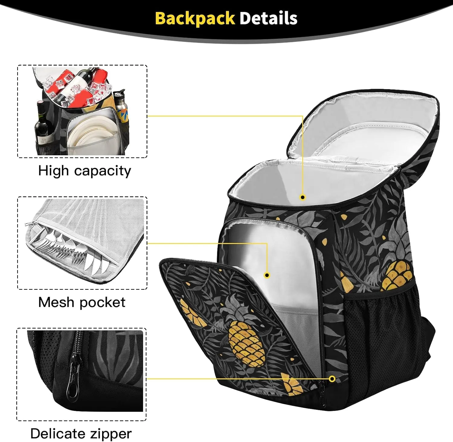 Tropical Pineapples Fruits Cooler Backpack Insulated Leak Proof Beach Cooler Bag Soft Lunch Picnic Hiking Camping Backpack Cooler
