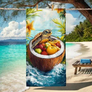 Tropical Sea Turtle Coconut Beach Towel Blue Ocean Vivid Art Design Quick Dry Sand Resistant Lightweight Travel Essential Picnic Accessories 62x31 Inch