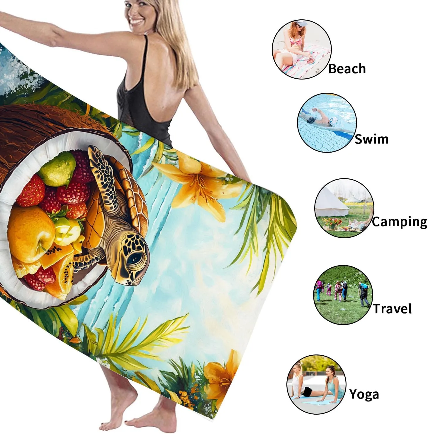 Tropical Sea Turtle Coconut Beach Towel Blue Ocean Vivid Art Design Quick Dry Sand Resistant Lightweight Travel Essential Picnic Accessories 62x31 Inch