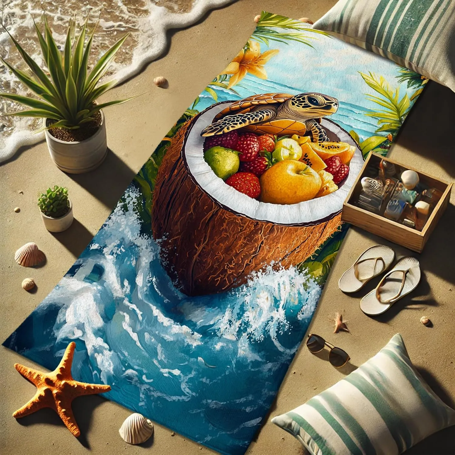 Tropical Sea Turtle Coconut Beach Towel Blue Ocean Vivid Art Design Quick Dry Sand Resistant Lightweight Travel Essential Picnic Accessories 62x31 Inch