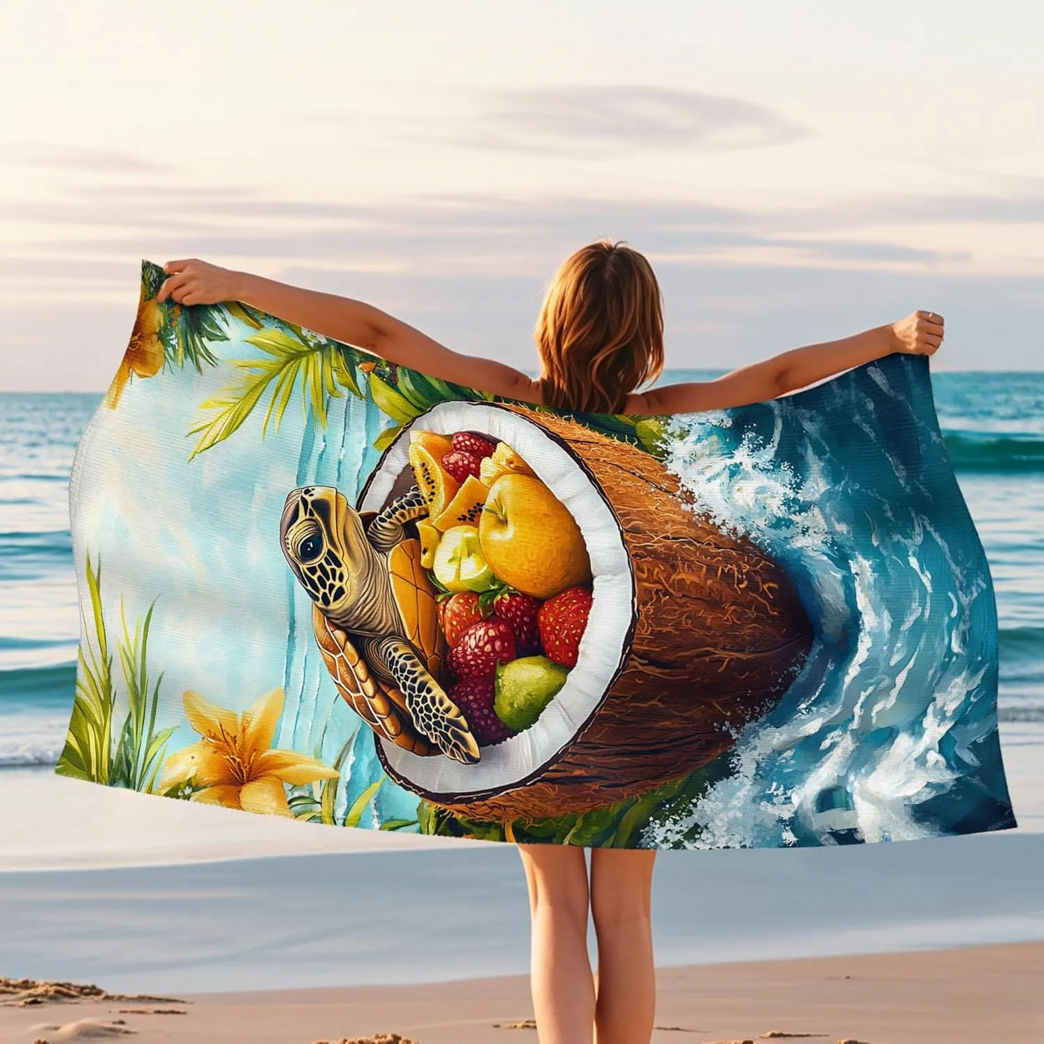 Tropical Sea Turtle Coconut Beach Towel Blue Ocean Vivid Art Design Quick Dry Sand Resistant Lightweight Travel Essential Picnic Accessories 62x31 Inch