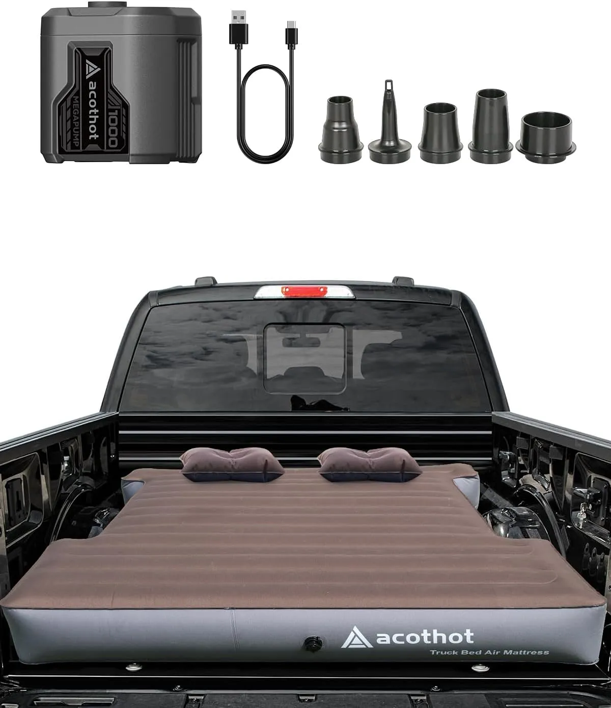 Truck Bed Air Mattress with Cordless Rechargeable Air Pump, Peachskin FabricTruck Bed Mattress with 2 Pillows Fits 5.5-5.8ft Short Truck Beds | 9.5" Height Mattress Perfect for Outdoor Camping