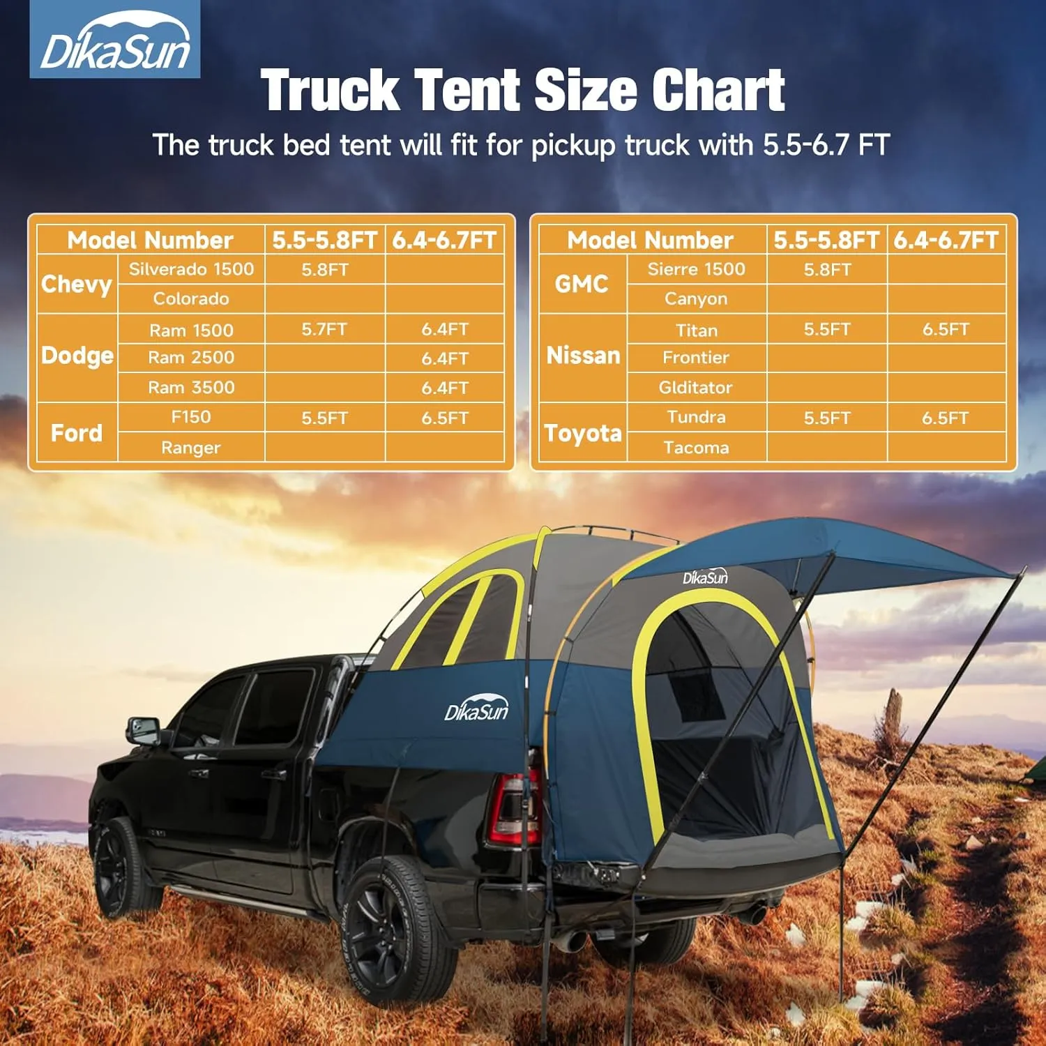 Truck Bed Tent, Double Layer Truck Tent 6.4-6.7 Ft, Waterproof PU3000mm Tear-Resistant Pickup Tent for 2 Person Camping and Outdoor with Awning